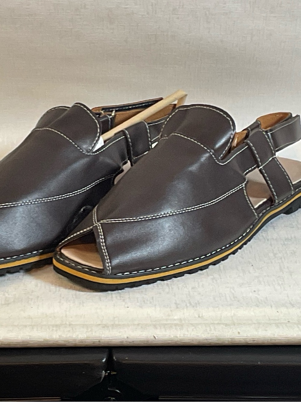 Women's Dark Brown Leather Slingback Flats with Contrast Stitching